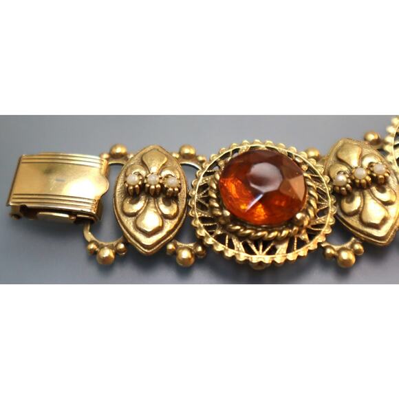 Coro Fleur de Lis Bracelet Orange Open Setting Rhinestones Pearls - Picture 4 of 7